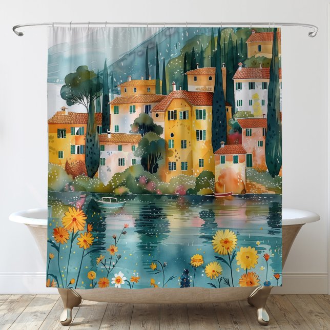 Cortina De Ducha Whimsical Italiano Lakeside Village Art (Subido por el creador)