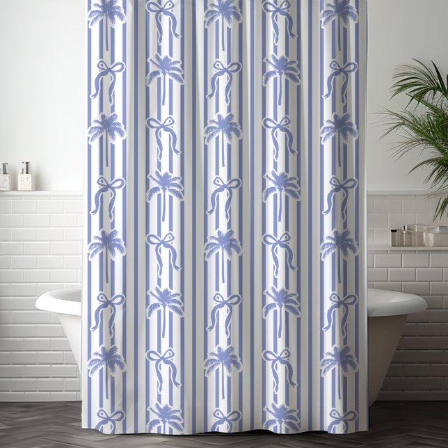 Cortina De Ducha White Blue Coastal Palm Trees Bows Stripes Pattern (In situ)
