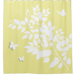 Cortina De Ducha White leafy branch and butterflies in profile