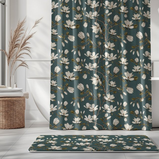 Cortina De Ducha White Magnolia Grove on Viridian Elegant Floral  (Subido por el creador)