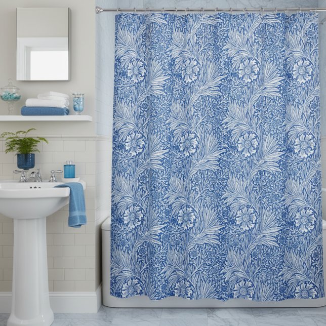 Cortina De Ducha William Morris Marigold Blue (elegant vintage william morris shower curtain, blue and white marigold floral pattern,home decor)