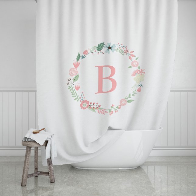 Cortina De Ducha Wreath floral monogramada rosa (Subido por el creador)