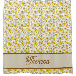 Cortina De Ducha Yellow Wildflowers Pattern Monogram Name