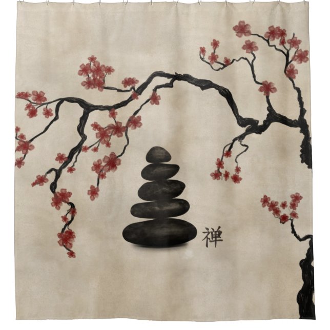 Cortina De Ducha Zen piedras Sakura Árbol (Anverso)