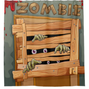 Cortina De Ducha Zombis Detrás De La Puerta De Madera