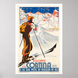 Cortina Dolomitas Italia Póster Antiguo de Esquí