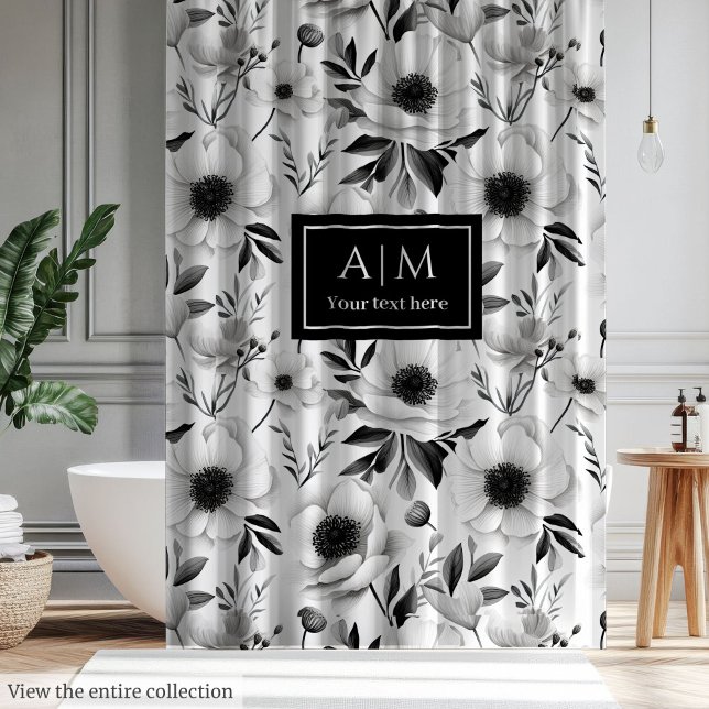 Cortina floral de tonos grises modernos con nombre (Modern grey hues floral curtain with custom name)