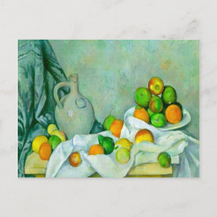 Cortina, jug y placa de la postal de la fruta