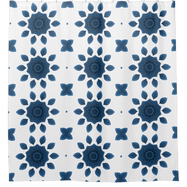 Cortinas de ducha de patrón azul Rosa Kaleidoscope (Anverso)