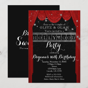 Cortinas rojas de HOLLYWOOD y invitaciones de fies