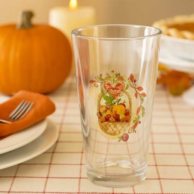Cosecha de otoño/Calabaza de Acción de Gracias de  (Thanksgiving table setting featuring harvest artwork on water glass )
