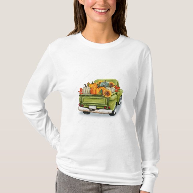 Cosecha de otoño en un camión verde manga camiseta (Anverso)