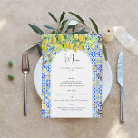 Costa Amalfi | Menú de mosaicos de limón mediterrá<br><div class="desc">Bonitas tarjetas a la carta para complementar los ajustes de la mesa en el boda o el próximo fiesta. Bonitas baldosas acuáticas, limones y vegetación adornan esta elegante carta de personalizable. Colinas al atardecer, olivares, limoneros y vino blanco. Esta paleta aporta a la vida magníficos gráficos, patrones suaves y flores...</div>