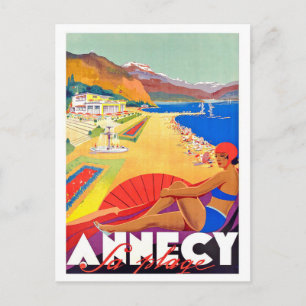 costa de Annecy, chica en una playa, postal antigu