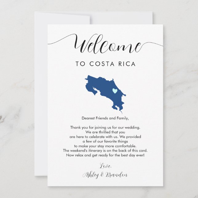 Costa Rica Mapa Boda Carta de bienvenida Itinerari (Anverso)