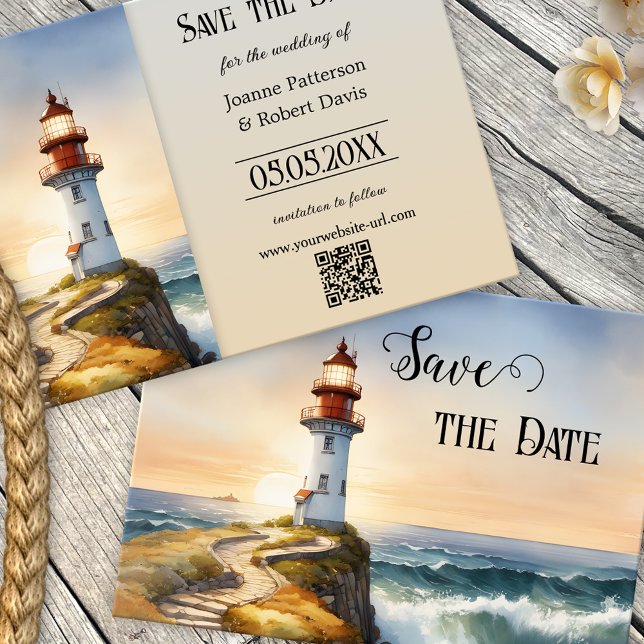 Costera de faro náutico salve la tarjeta de fecha (Nautical Save the Date card featuring a watercolor painting of a lighthouse at sunset - QR code)