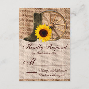 Country Burlap Cowboy Boots Sunflower Wedding RSVP