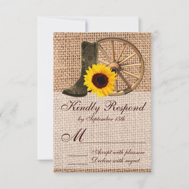 Country Burlap Cowboy Boots Sunflower Wedding RSVP (Anverso)