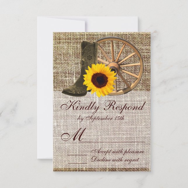 Country Burlap Cowboy Boots Sunflower Wedding RSVP (Anverso)