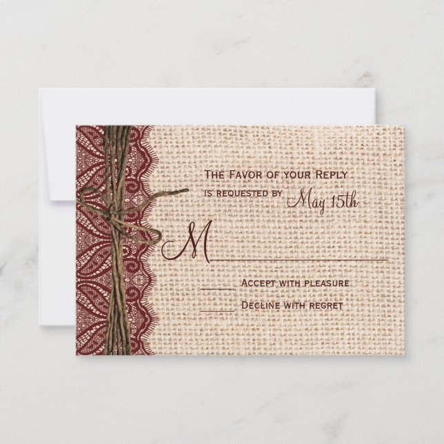 Country Burlap Maroon Red Lace Twine Wedding RSVP (Anverso)