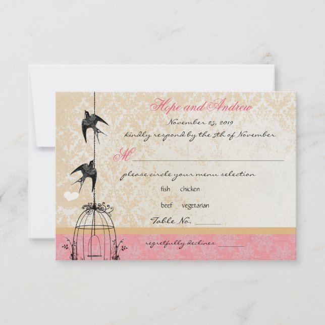 Country Coral Damask Bird Cage Wedding RSVP (Anverso)