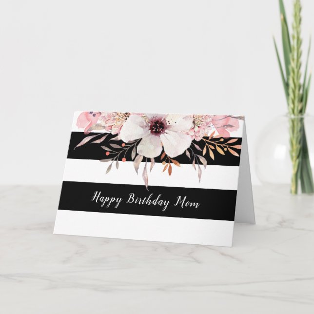 Country Floral Black White Stripes Tarjeta de cump (Anverso)