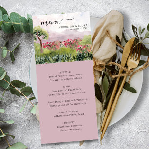 Country Meadow Watercolor Polvo Rosa Menú Boda