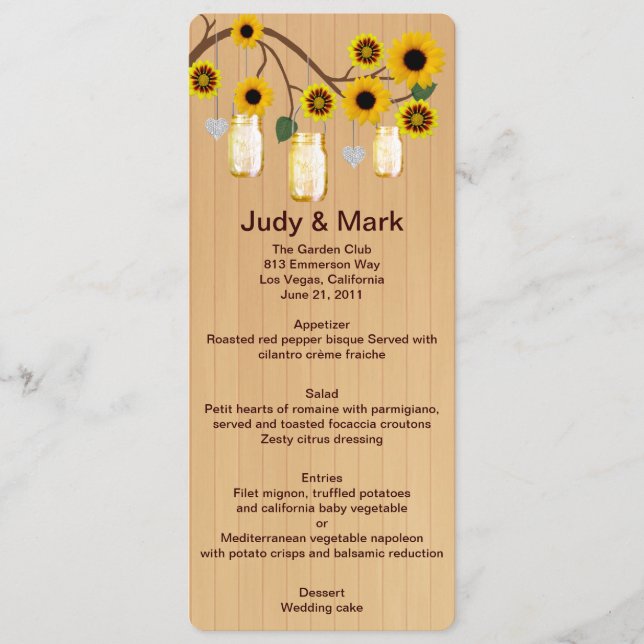 Country Rústico Yellow Mason Jars Boda Menu Card (Anverso)