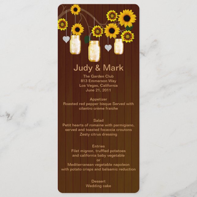 Country Rústico Yellow Mason Jars Boda Menu Card (Anverso)