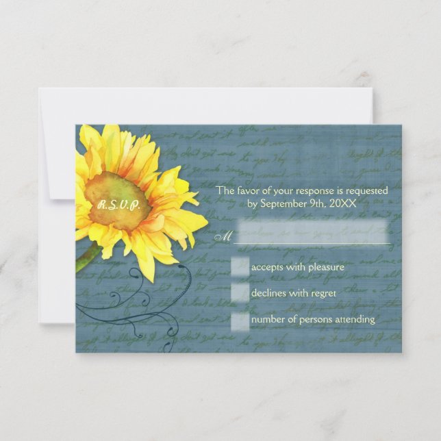 Country Sunflower Dusky Blue Wedding RSVP (Anverso)
