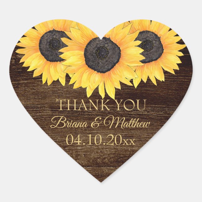 Country Sunflower on Wood Boda Heart Pegatina (Anverso)