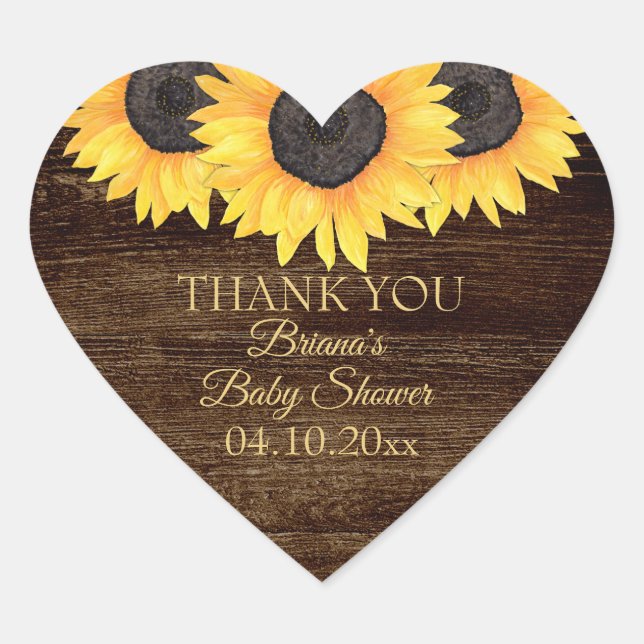 Country Sunflower Wood Baby Shower Heart Pegatina (Anverso)