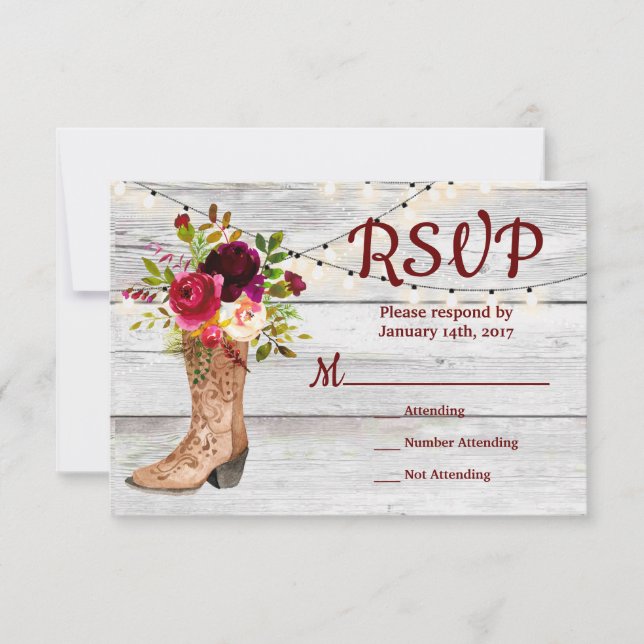 Country Western Boot Boho Rustic Marsala RSVP (Anverso)