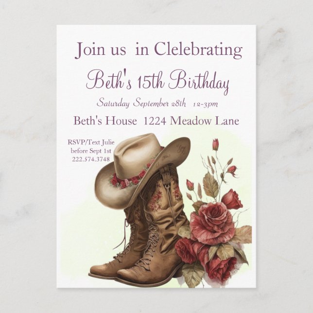 Country Western, Rosas, Invitación de 15 Cumpleaño (Anverso)