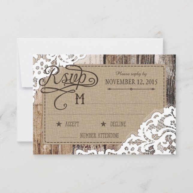 Country Western Wood Lace Rustic RSVP Card (Anverso)