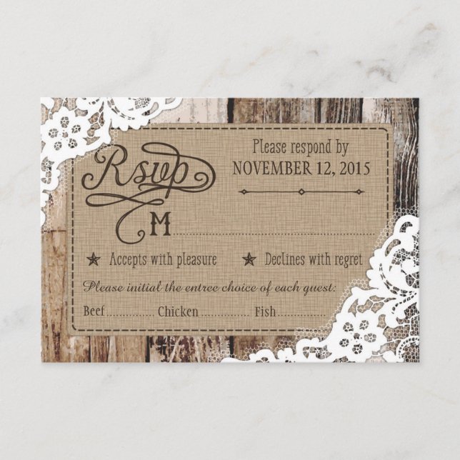 Country Western Wood Lace Rustic RSVP Card (Anverso)