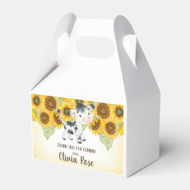 Cow & girasoles caja de favores de cumpleaños chic (Front Side)