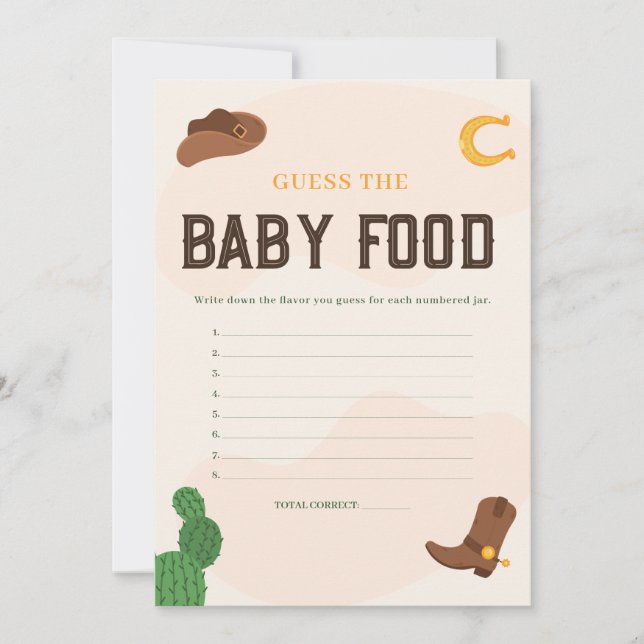 Cowboy adivina la tarjeta de Baby Shower de comida (Anverso)