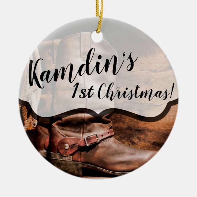 Cowboy ornamento XMAS personalizado bota madera de (Frente)