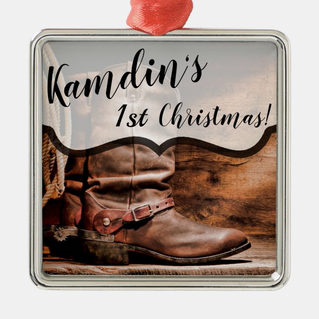 Cowboy ornamento XMAS personalizado bota madera de (Frente)