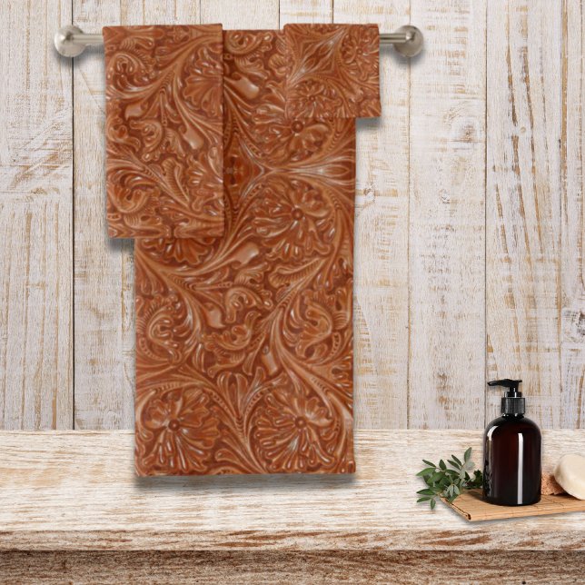 cowboy patrón de país occidental de cuero con herr (cowboy western country pattern tooled leather bath towel set)
