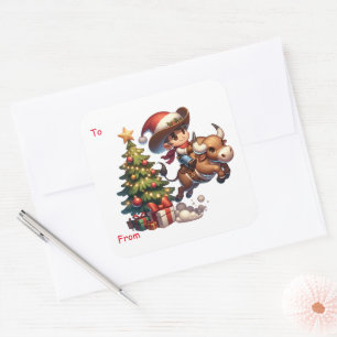 Cowboy Santa Kid Bull Montando pegatinas de Navida