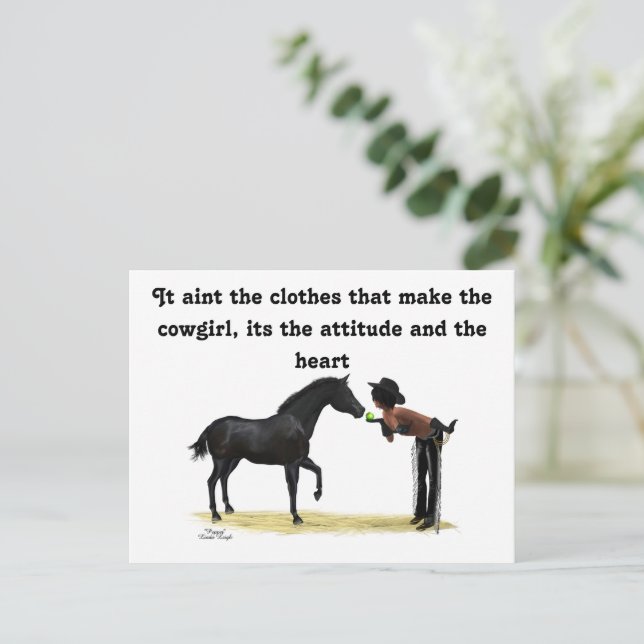 Cowgirl Pinup con postales para caballos (Anverso de pie)