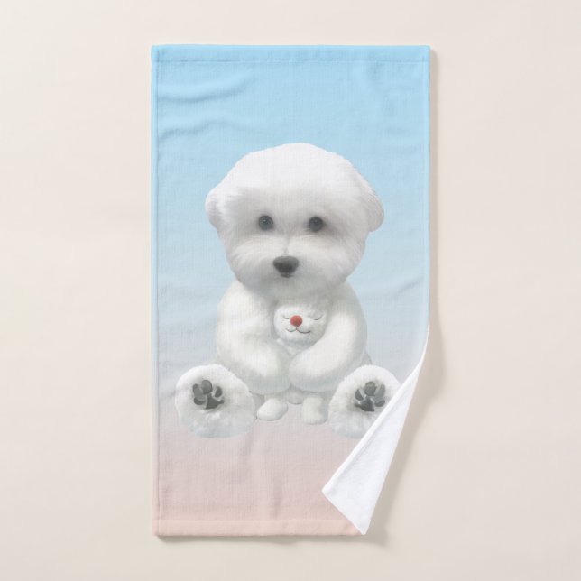 Cozy Plush Moment: Smiling Bichon Hugging Mini Pup (Toalla de mano)