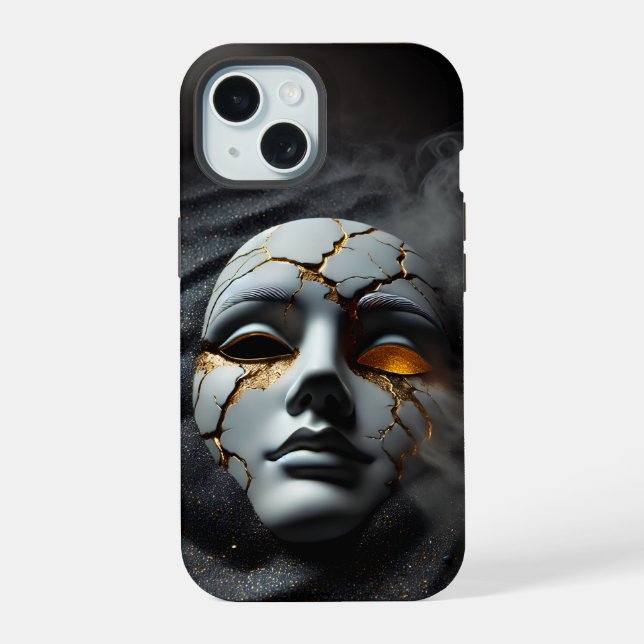 Cracked Porcelain Mask Dark iPhone 15 Tough Case (Reverso )