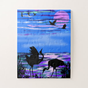 Crane Birds Love Dande Sunset Lake Jigsaw Puzzle
