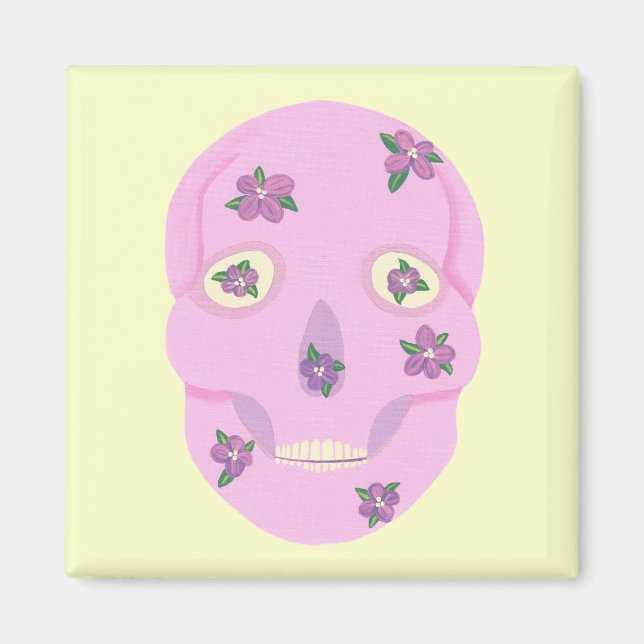 Cráneo de azúcar rosa con imanes de flores moradas (Frente)