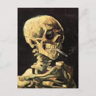 Cráneo Van Gogh con postal de cigarrillo en llamas