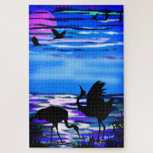 Cranes Bird Love Dance Puzzle - Lake Sunset