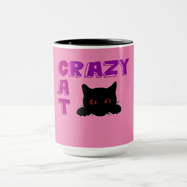 CRAZY CAT taza de café en negro y rosa. (Centro)